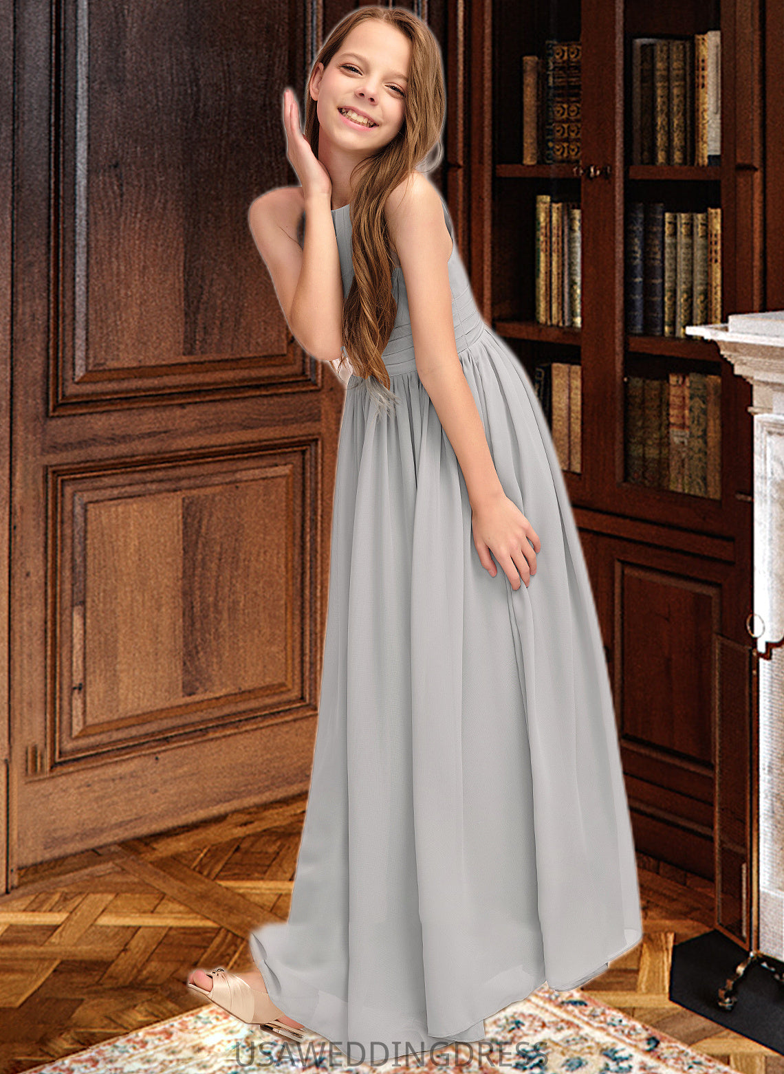Desiree A-Line Scoop Neck Floor-Length Chiffon Junior Bridesmaid Dress With Ruffle DSP0013325