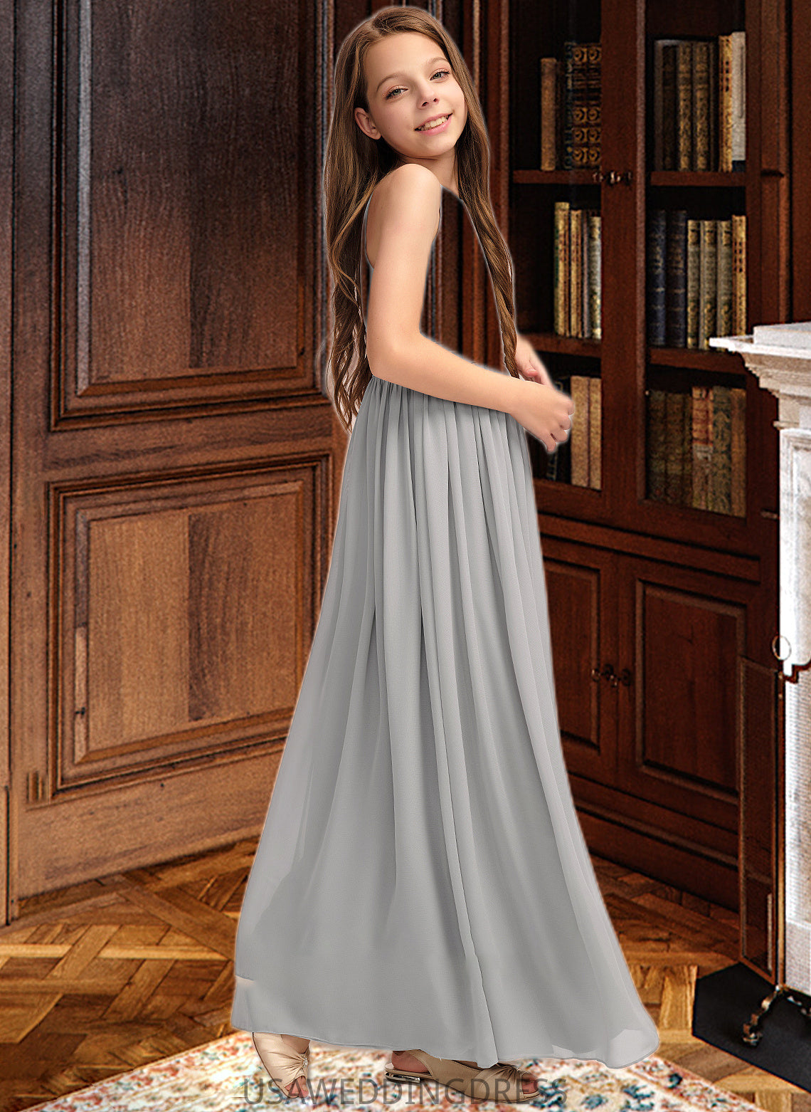 Desiree A-Line Scoop Neck Floor-Length Chiffon Junior Bridesmaid Dress With Ruffle DSP0013325