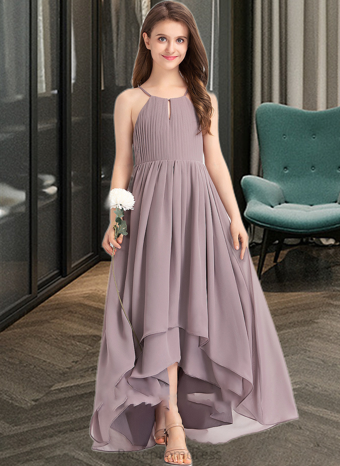 Evie A-Line Scoop Neck Asymmetrical Chiffon Junior Bridesmaid Dress With Ruffle Bow(s) SRSP0013326
