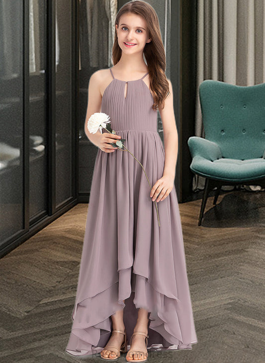 Evie A-Line Scoop Neck Asymmetrical Chiffon Junior Bridesmaid Dress With Ruffle Bow(s) SRSP0013326