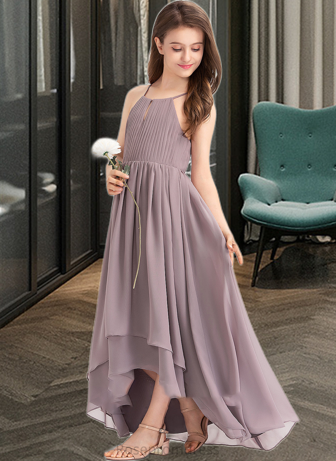 Evie A-Line Scoop Neck Asymmetrical Chiffon Junior Bridesmaid Dress With Ruffle Bow(s) SRSP0013326