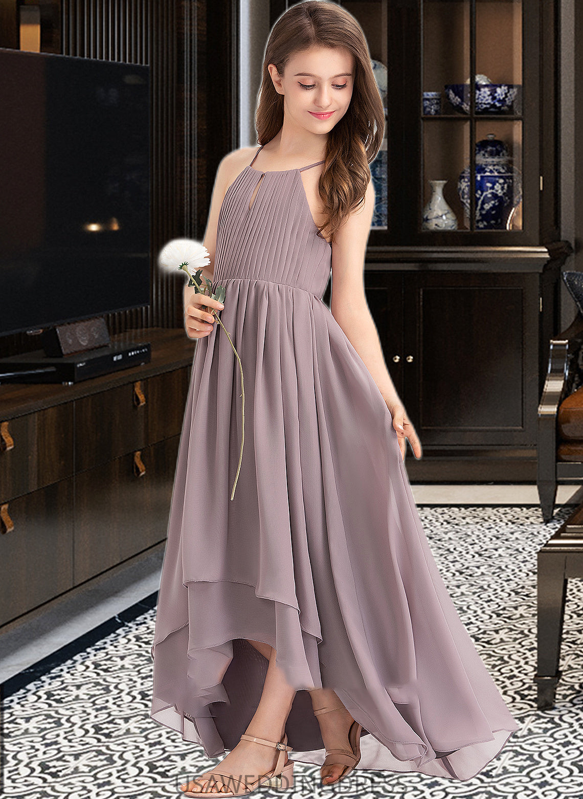 Lilly A-Line Scoop Neck Asymmetrical Chiffon Junior Bridesmaid Dress With Ruffle Bow(s) DSP0013326