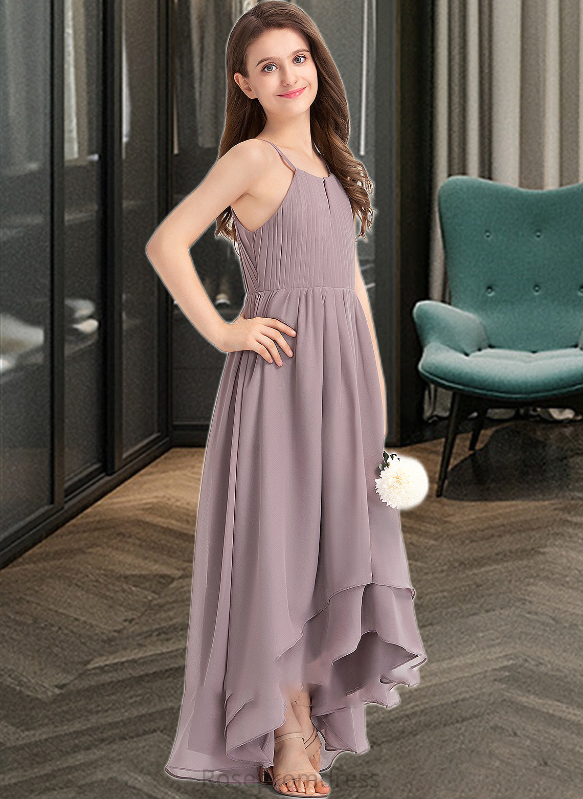 Evie A-Line Scoop Neck Asymmetrical Chiffon Junior Bridesmaid Dress With Ruffle Bow(s) SRSP0013326