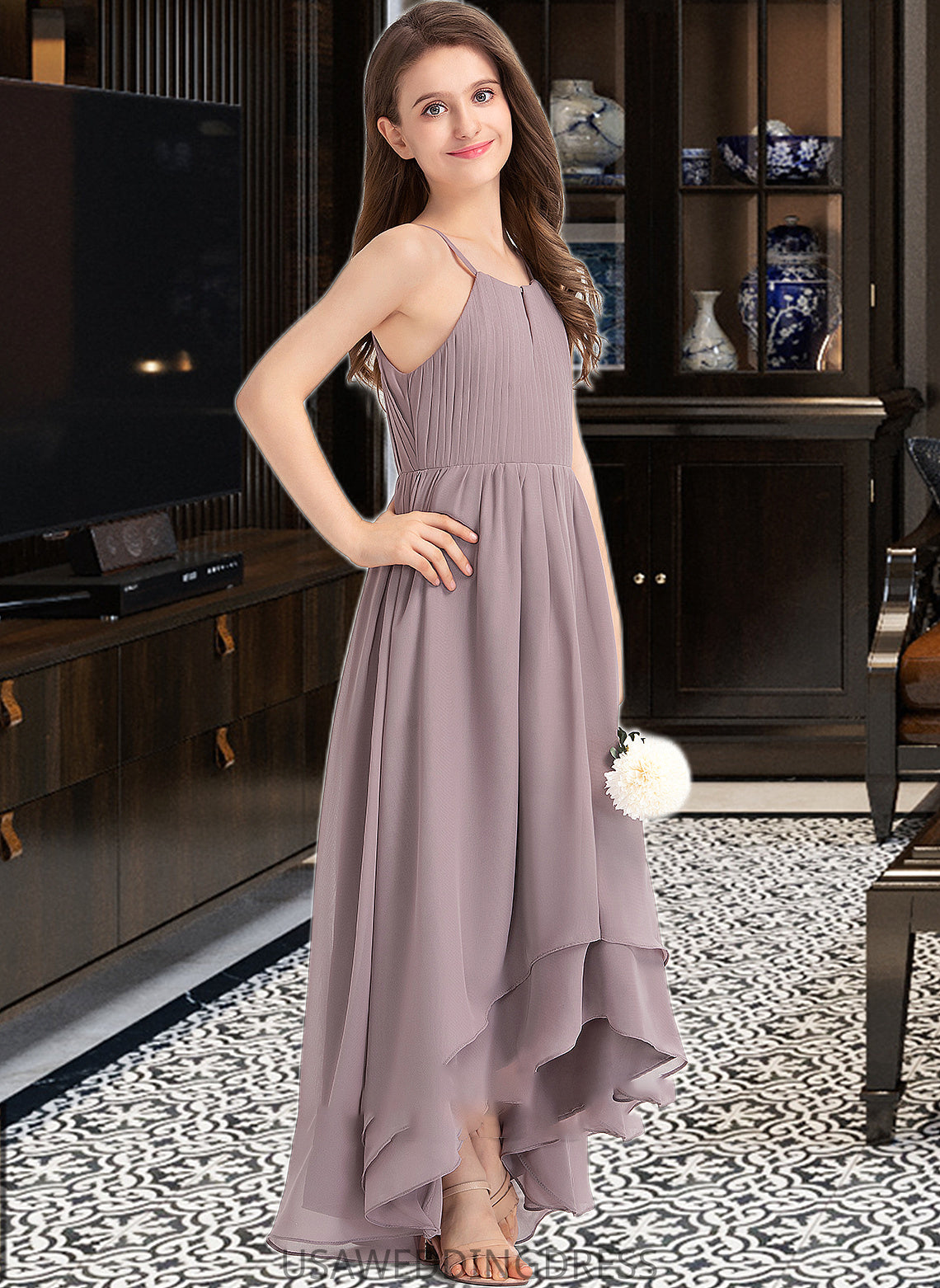 Lilly A-Line Scoop Neck Asymmetrical Chiffon Junior Bridesmaid Dress With Ruffle Bow(s) DSP0013326