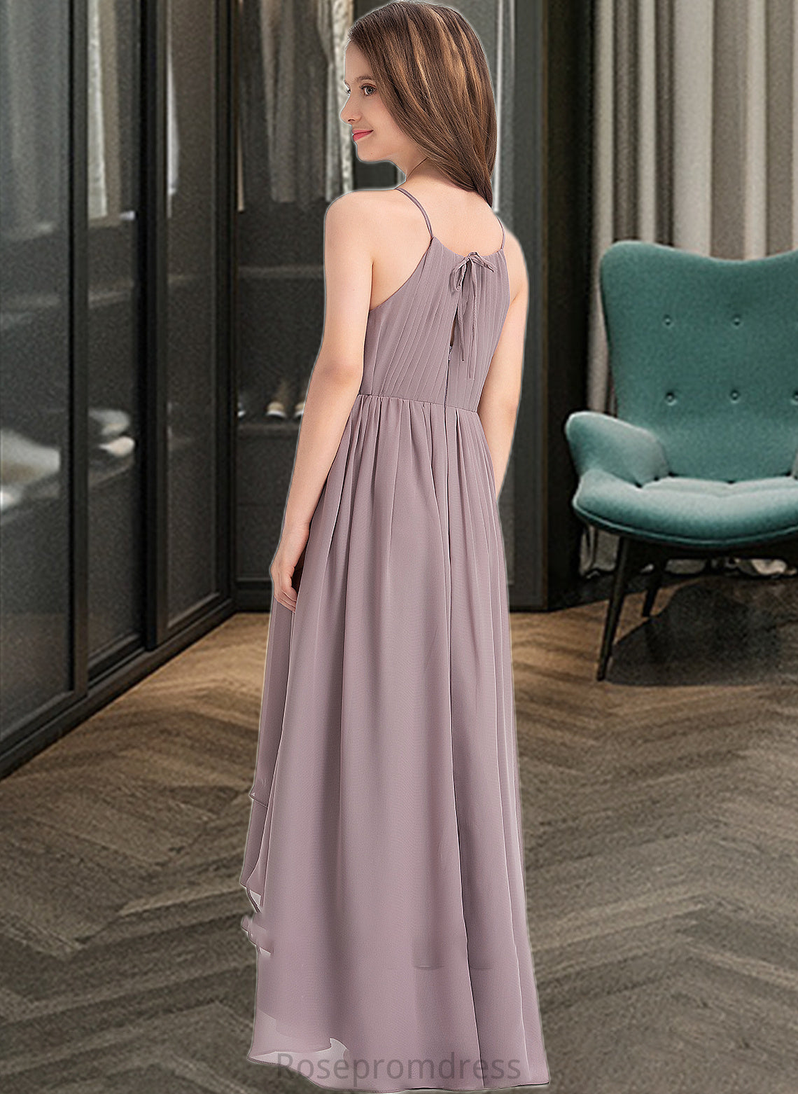 Evie A-Line Scoop Neck Asymmetrical Chiffon Junior Bridesmaid Dress With Ruffle Bow(s) SRSP0013326