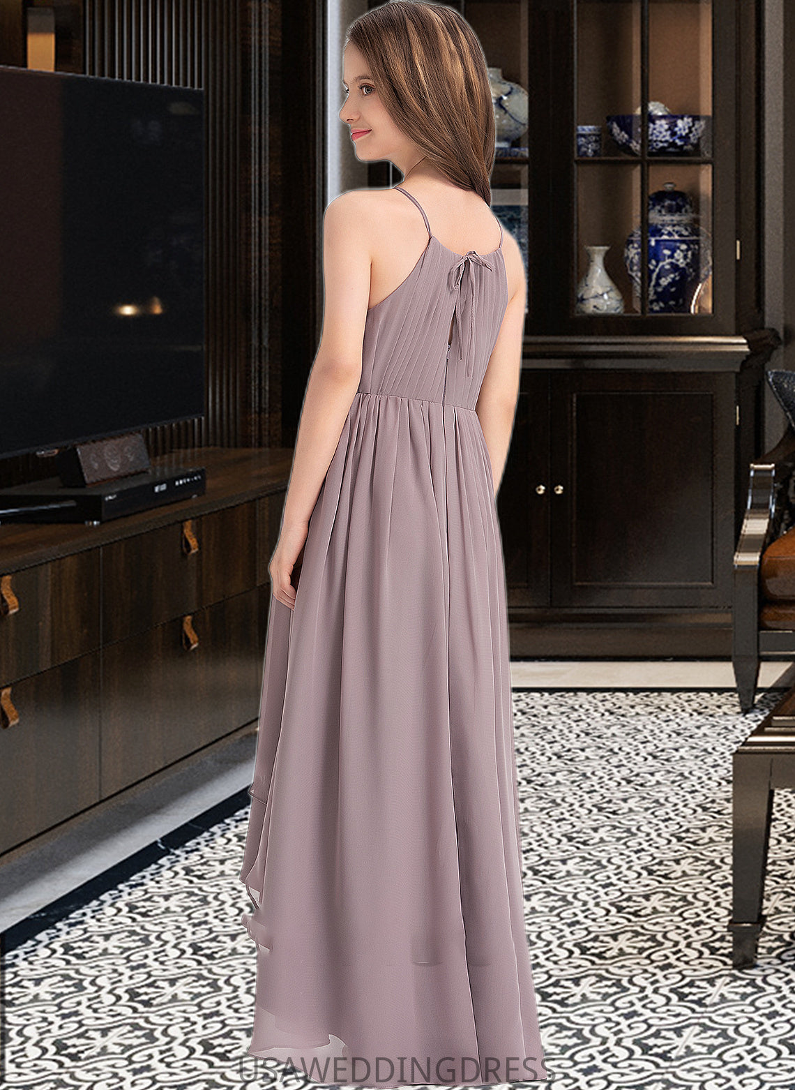 Lilly A-Line Scoop Neck Asymmetrical Chiffon Junior Bridesmaid Dress With Ruffle Bow(s) DSP0013326