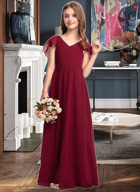 Hope A-Line V-neck Floor-Length Chiffon Junior Bridesmaid Dress With Cascading Ruffles SRSP0013327