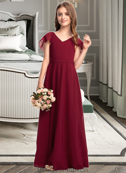 Haven A-Line V-neck Floor-Length Chiffon Junior Bridesmaid Dress With Cascading Ruffles DSP0013327