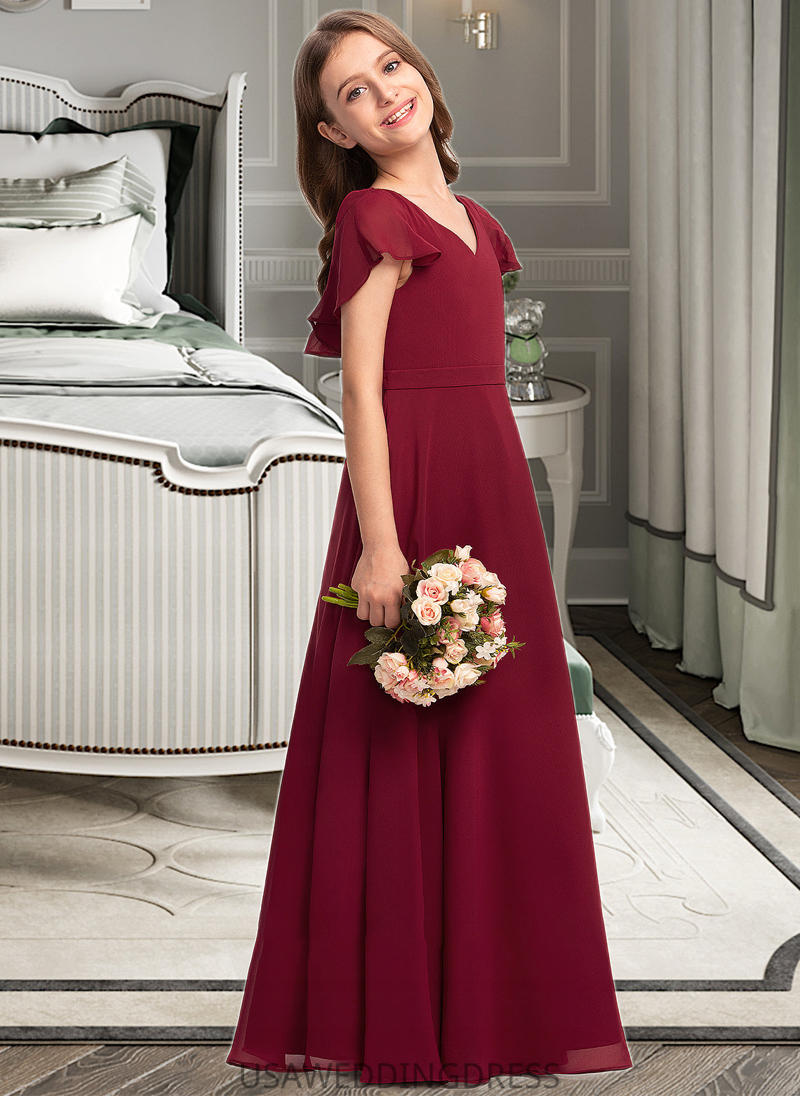 Haven A-Line V-neck Floor-Length Chiffon Junior Bridesmaid Dress With Cascading Ruffles DSP0013327