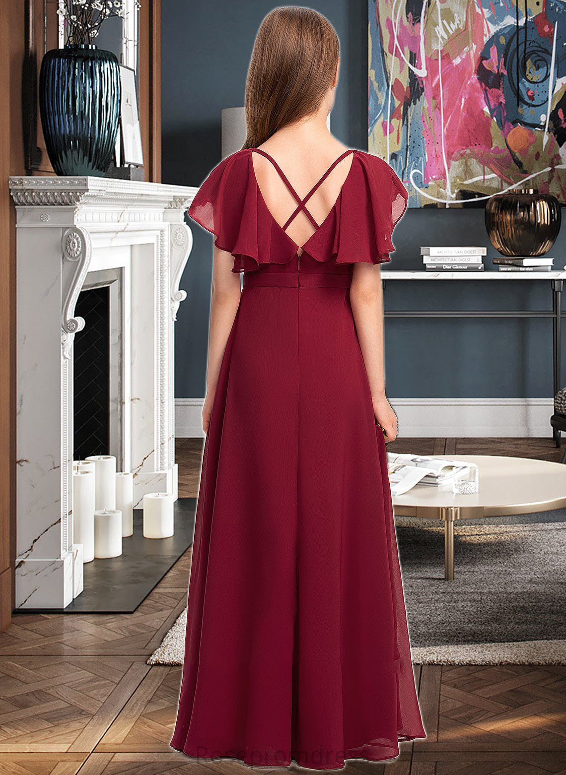 Hope A-Line V-neck Floor-Length Chiffon Junior Bridesmaid Dress With Cascading Ruffles SRSP0013327