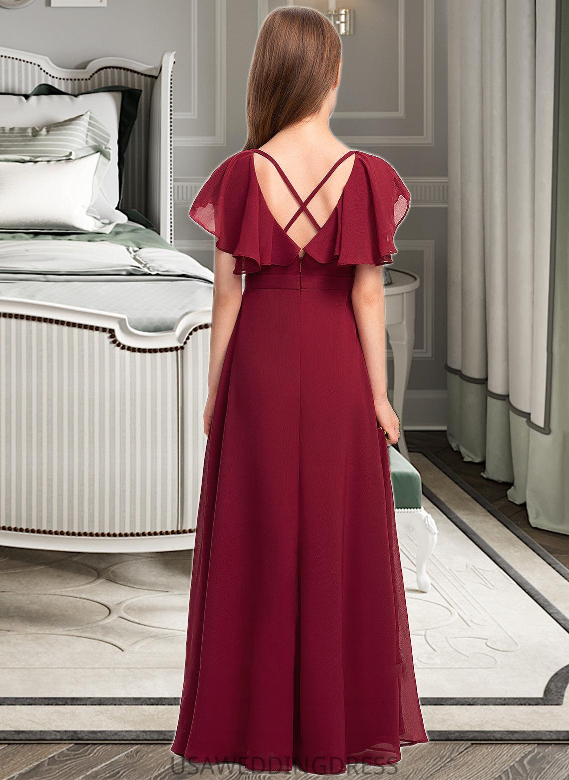 Haven A-Line V-neck Floor-Length Chiffon Junior Bridesmaid Dress With Cascading Ruffles DSP0013327