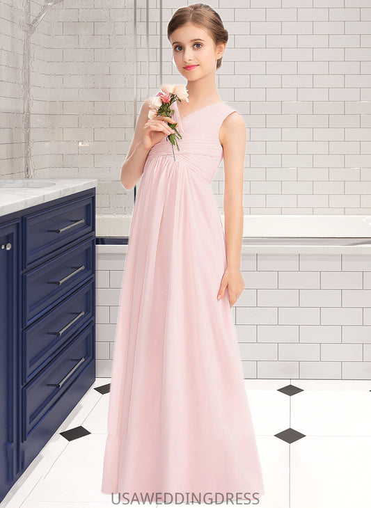 Helena A-Line V-neck Floor-Length Chiffon Junior Bridesmaid Dress With Ruffle DSP0013328