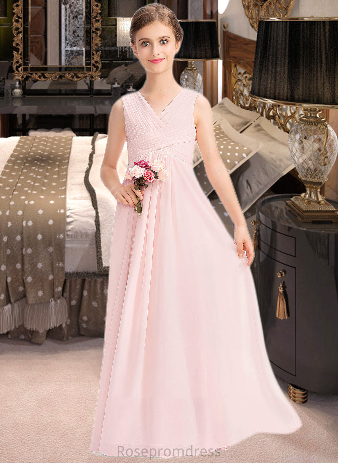 Leila A-Line V-neck Floor-Length Chiffon Junior Bridesmaid Dress With Ruffle SRSP0013328