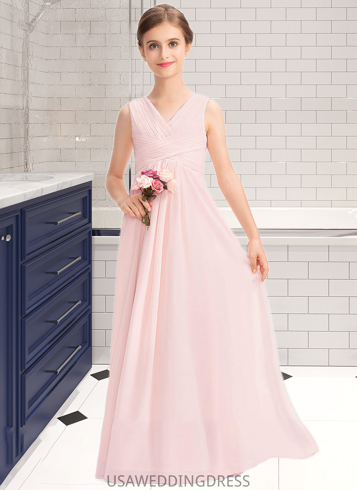 Helena A-Line V-neck Floor-Length Chiffon Junior Bridesmaid Dress With Ruffle DSP0013328