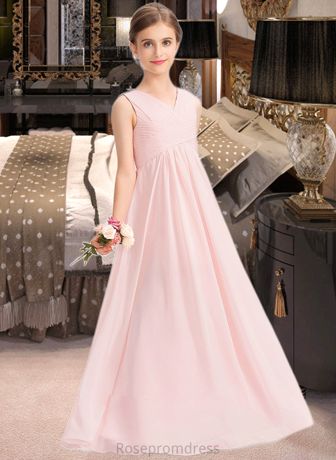 Leila A-Line V-neck Floor-Length Chiffon Junior Bridesmaid Dress With Ruffle SRSP0013328