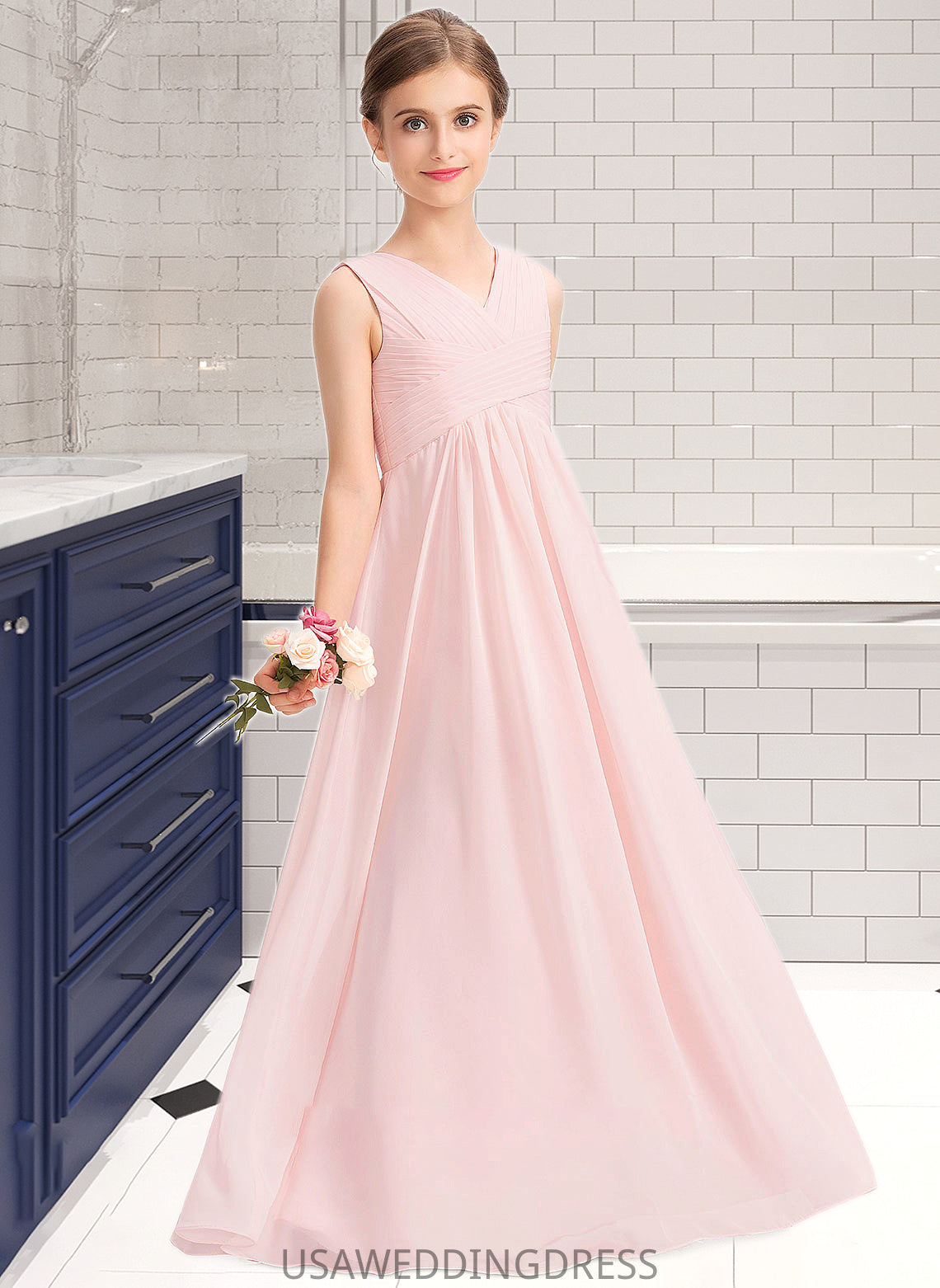 Helena A-Line V-neck Floor-Length Chiffon Junior Bridesmaid Dress With Ruffle DSP0013328
