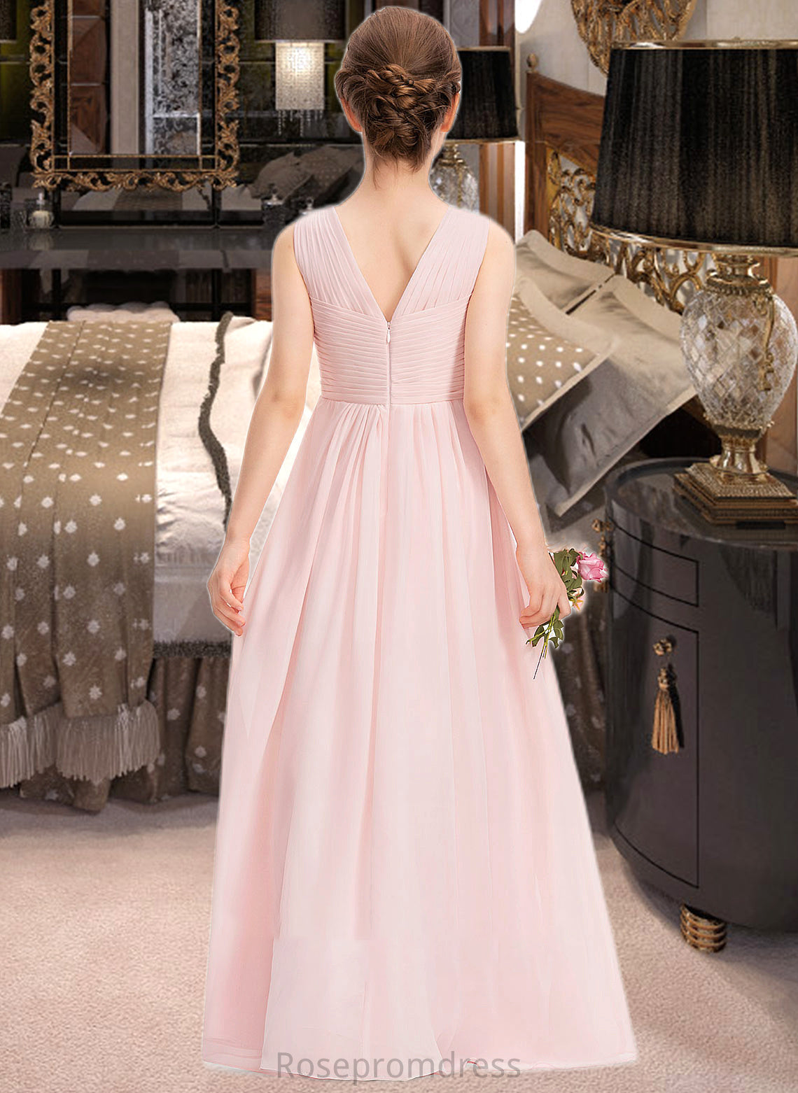 Leila A-Line V-neck Floor-Length Chiffon Junior Bridesmaid Dress With Ruffle SRSP0013328