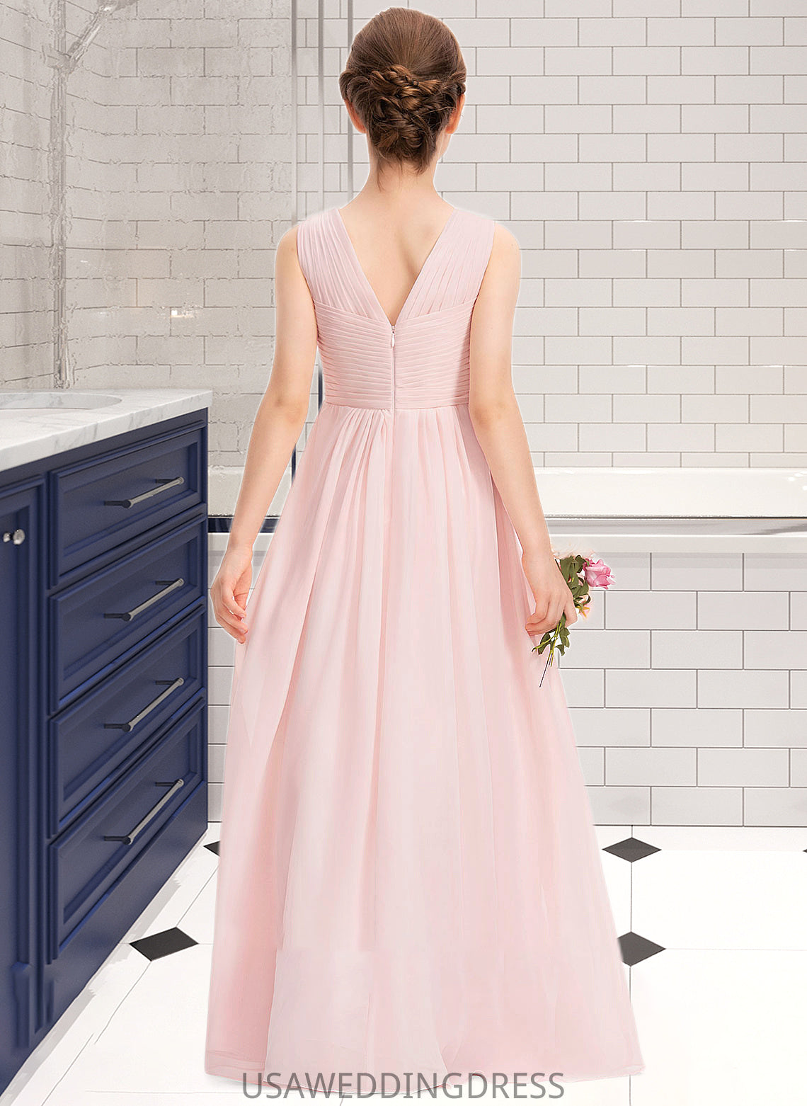 Helena A-Line V-neck Floor-Length Chiffon Junior Bridesmaid Dress With Ruffle DSP0013328