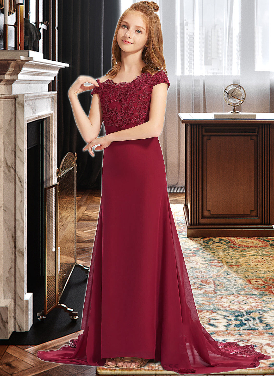 Zara Trumpet/Mermaid Off-the-Shoulder Court Train Chiffon Lace Junior Bridesmaid Dress SRSP0013330