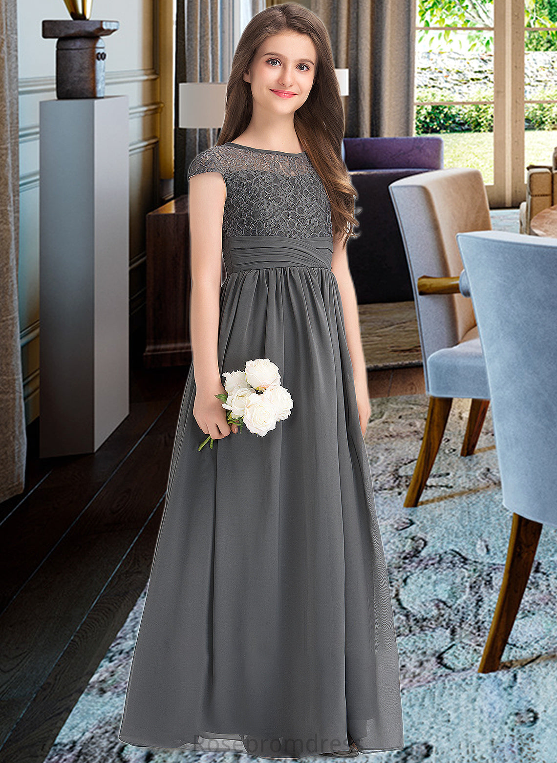 Libby A-Line Scoop Neck Floor-Length Chiffon Lace Junior Bridesmaid Dress With Ruffle SRSP0013331