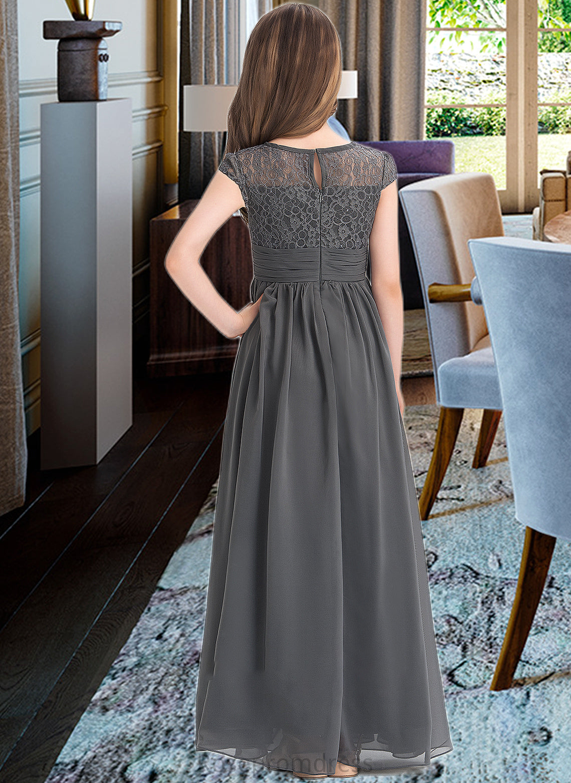 Libby A-Line Scoop Neck Floor-Length Chiffon Lace Junior Bridesmaid Dress With Ruffle SRSP0013331