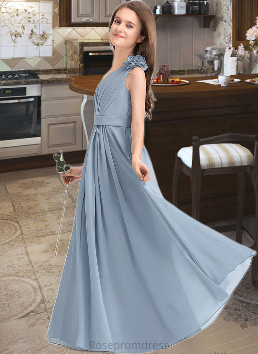 Aniyah A-Line One-Shoulder Floor-Length Chiffon Junior Bridesmaid Dress With Ruffle Flower(s) SRSP0013332