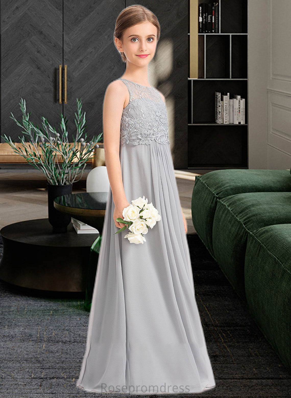 Marin A-Line Scoop Neck Floor-Length Chiffon Lace Junior Bridesmaid Dress SRSP0013333