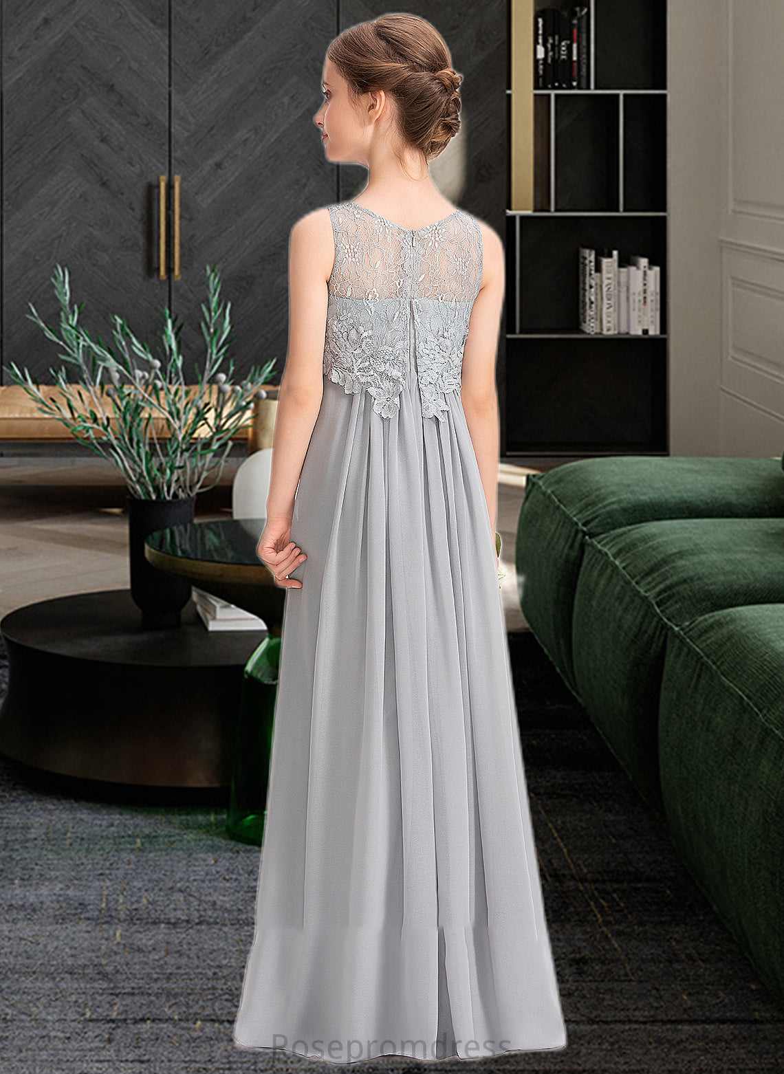 Marin A-Line Scoop Neck Floor-Length Chiffon Lace Junior Bridesmaid Dress SRSP0013333