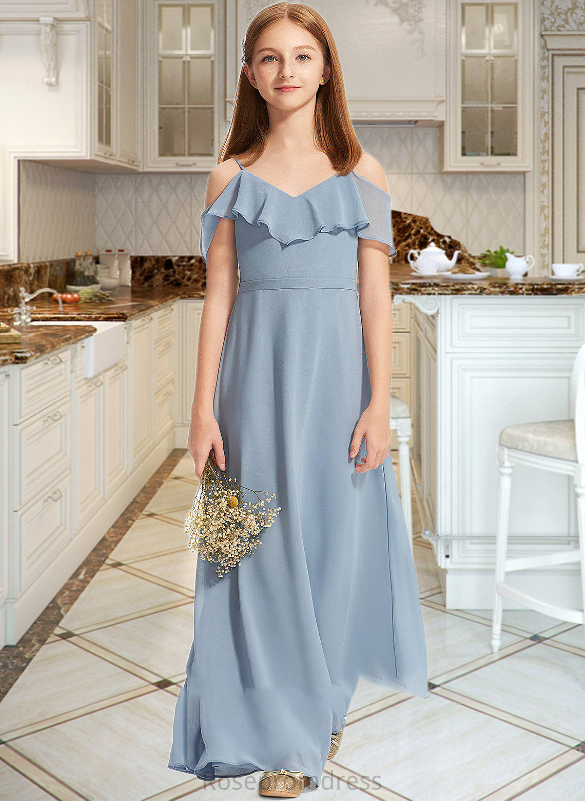 Leila A-Line Off-the-Shoulder Floor-Length Chiffon Junior Bridesmaid Dress With Ruffles SRSP0013334