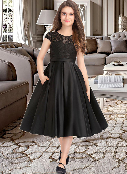 Jordyn A-Line Scoop Neck Knee-Length Satin Lace Junior Bridesmaid Dress With Pockets SRSP0013335