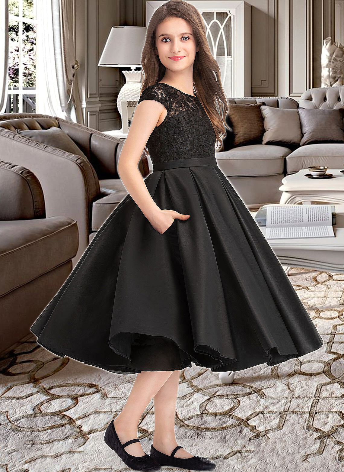 Jordyn A-Line Scoop Neck Knee-Length Satin Lace Junior Bridesmaid Dress With Pockets SRSP0013335