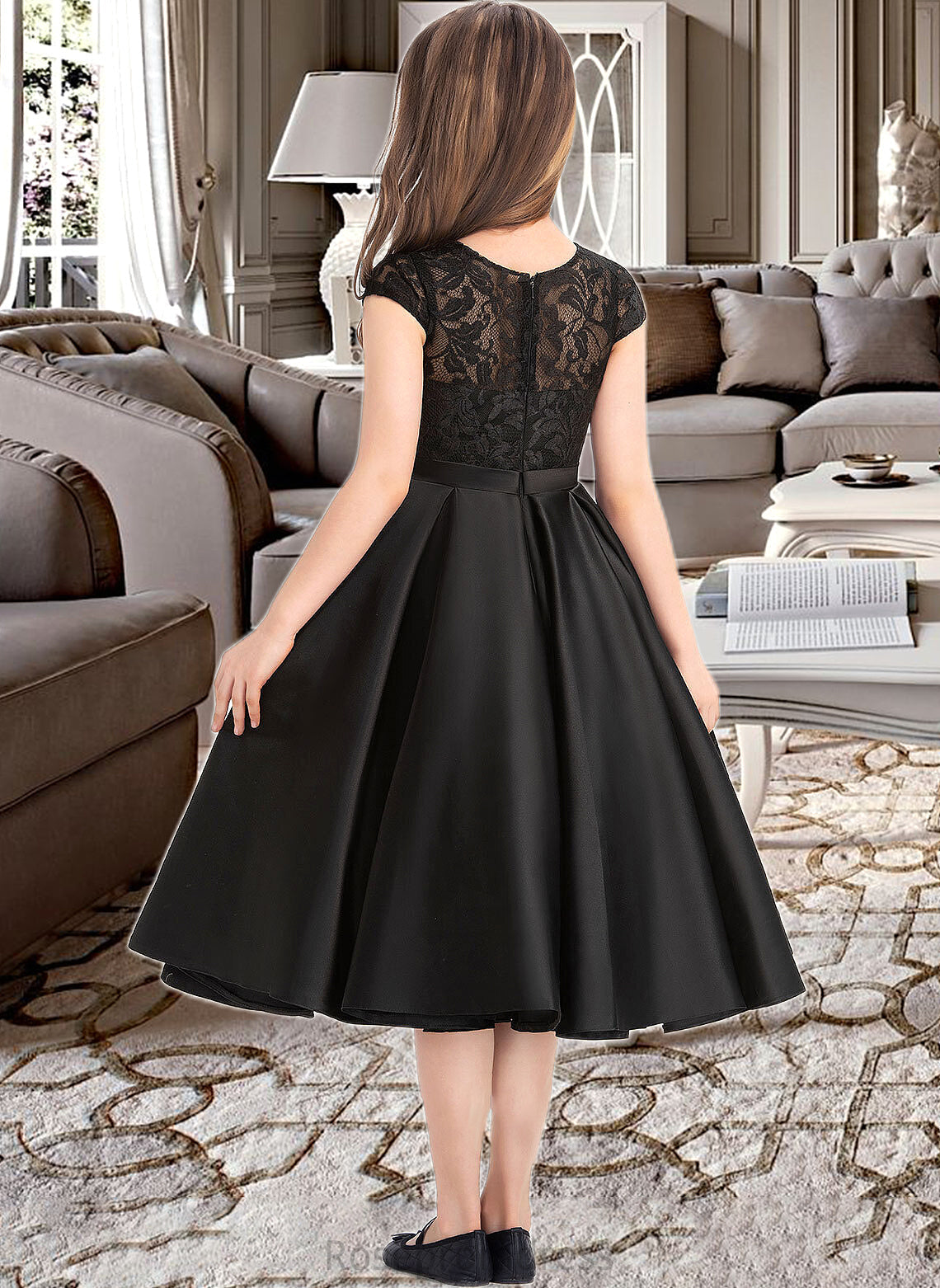 Jordyn A-Line Scoop Neck Knee-Length Satin Lace Junior Bridesmaid Dress With Pockets SRSP0013335