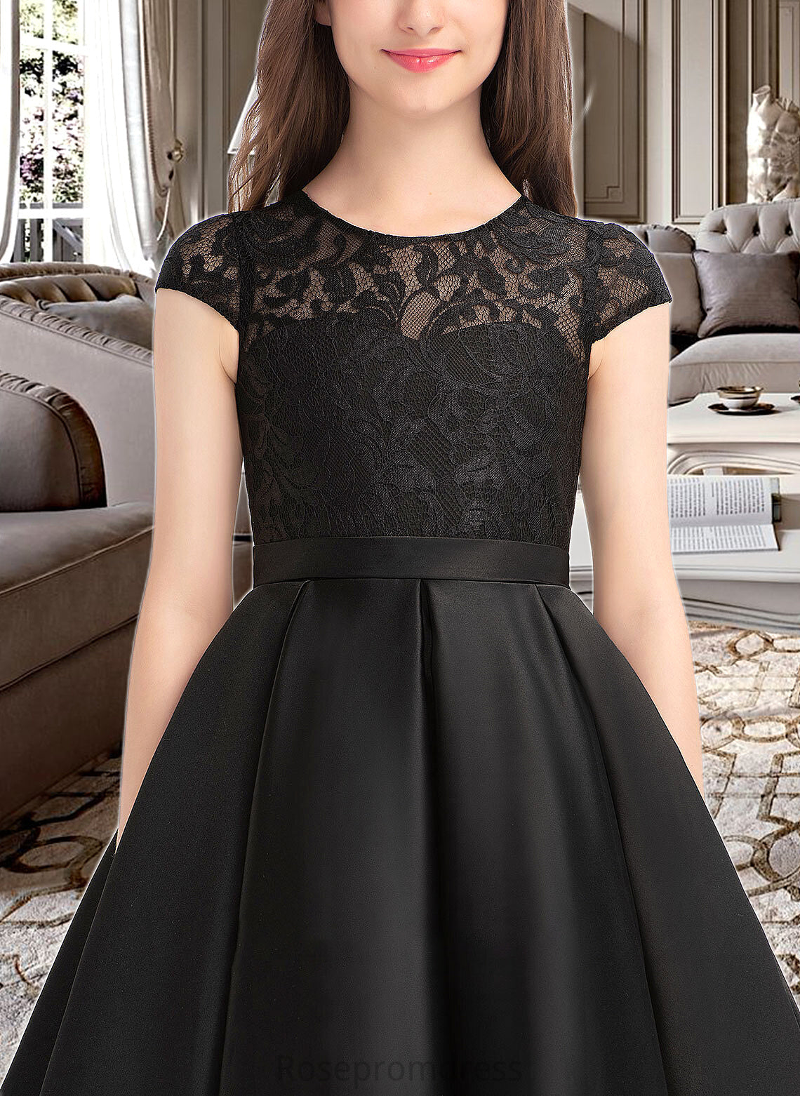 Jordyn A-Line Scoop Neck Knee-Length Satin Lace Junior Bridesmaid Dress With Pockets SRSP0013335