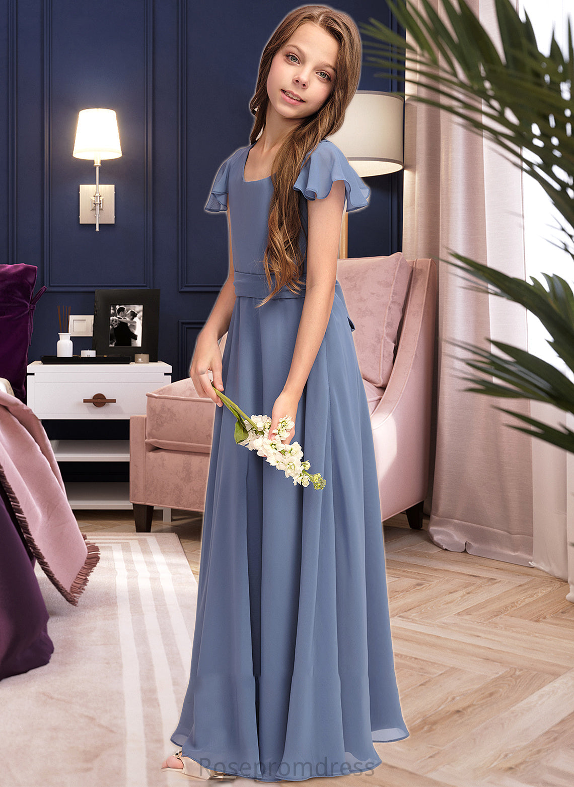 Rosalie A-Line Scoop Neck Floor-Length Chiffon Junior Bridesmaid Dress With Bow(s) SRSP0013337