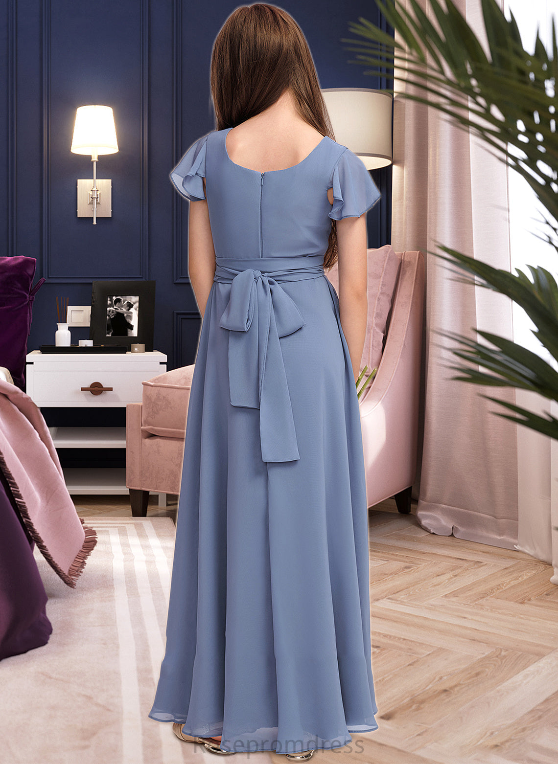 Rosalie A-Line Scoop Neck Floor-Length Chiffon Junior Bridesmaid Dress With Bow(s) SRSP0013337