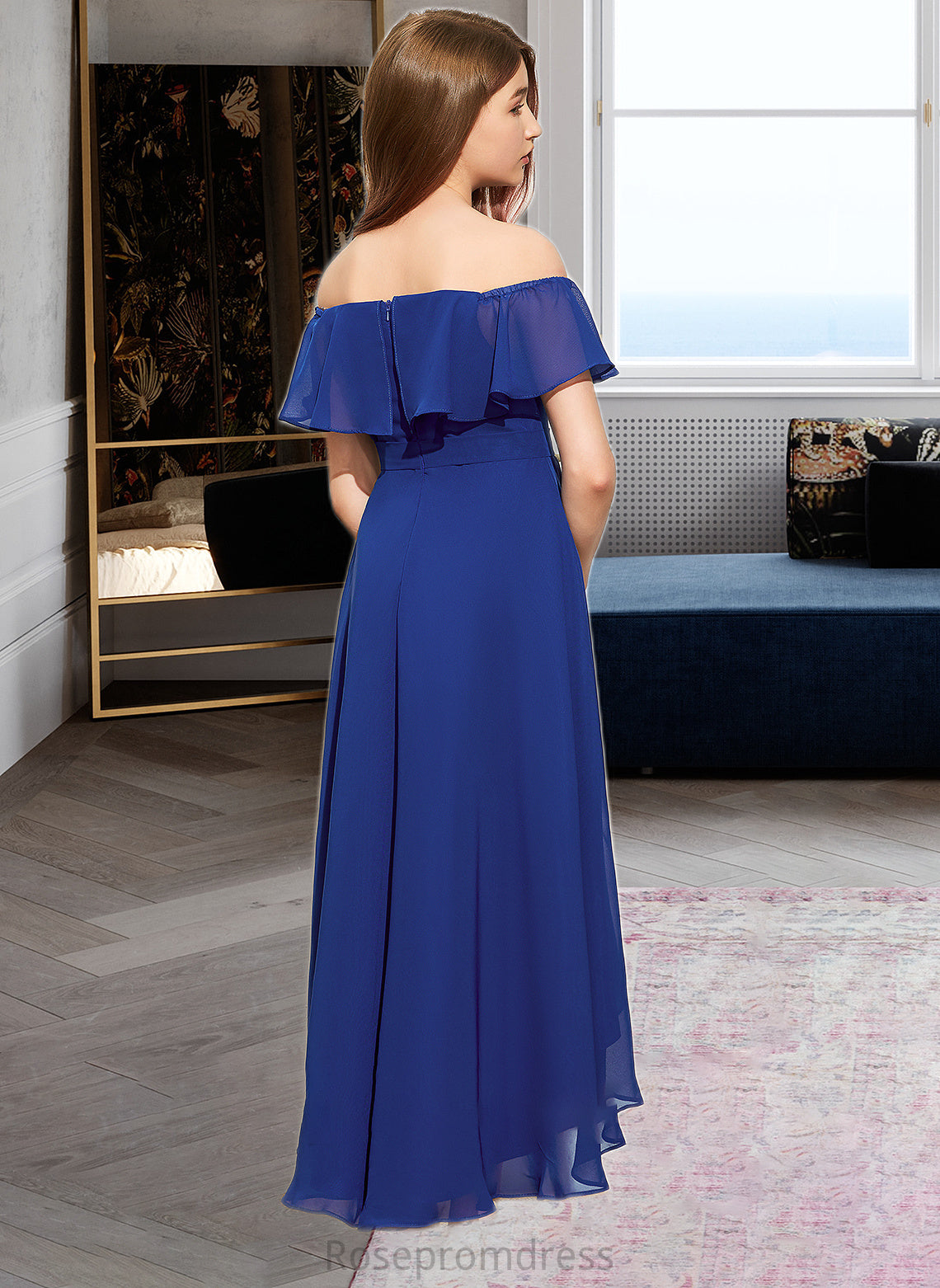 Phoebe A-Line Off-the-Shoulder Asymmetrical Chiffon Junior Bridesmaid Dress With Cascading Ruffles SRSP0013338