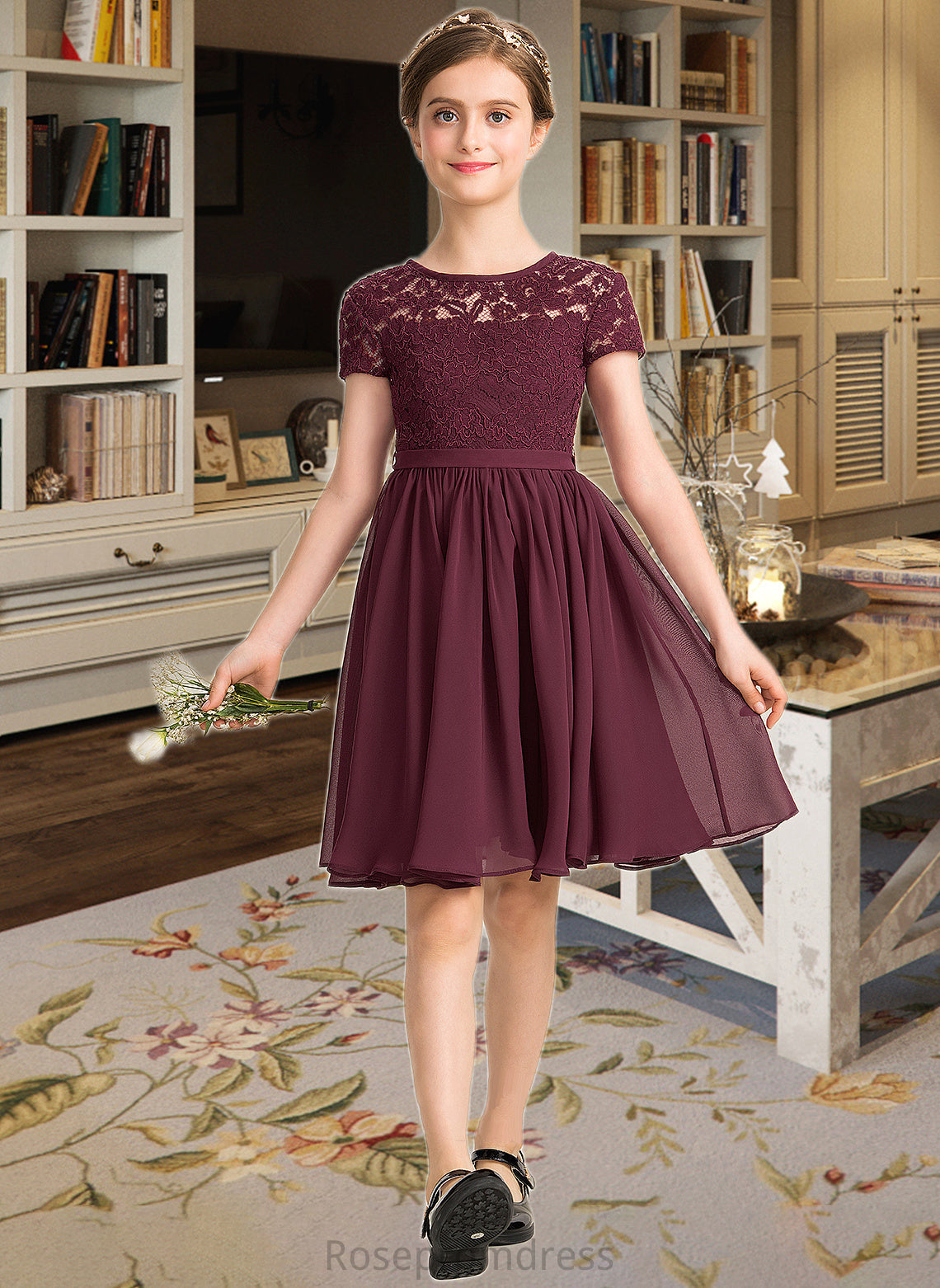 Zara A-Line Scoop Neck Knee-Length Chiffon Lace Junior Bridesmaid Dress With Bow(s) SRSP0013339