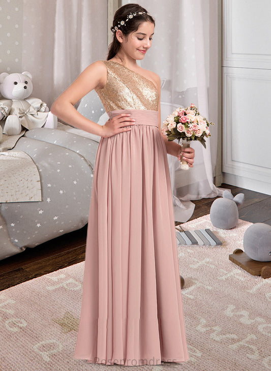 Haylie A-Line One-Shoulder Floor-Length Chiffon Junior Bridesmaid Dress With Ruffle SRSP0013340