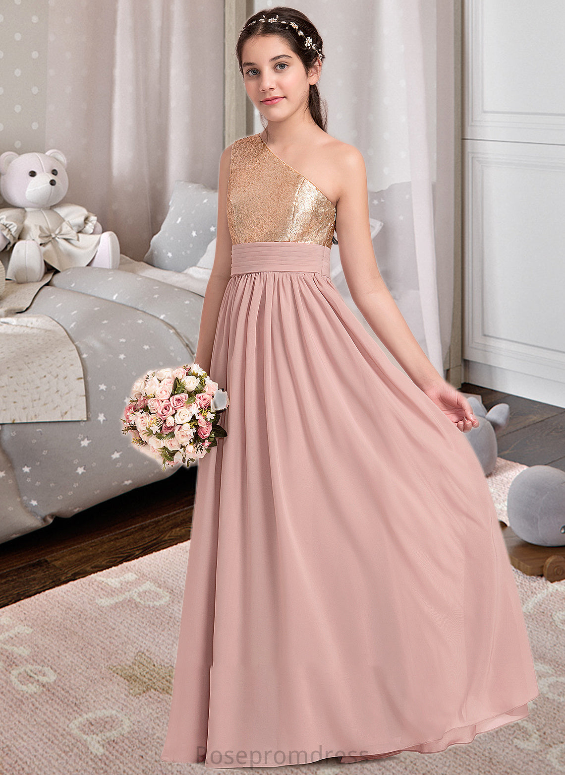 Haylie A-Line One-Shoulder Floor-Length Chiffon Junior Bridesmaid Dress With Ruffle SRSP0013340