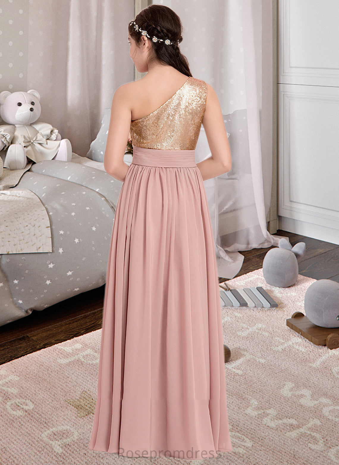 Haylie A-Line One-Shoulder Floor-Length Chiffon Junior Bridesmaid Dress With Ruffle SRSP0013340