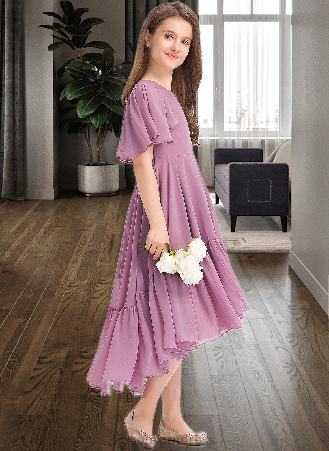 Fatima A-Line V-neck Asymmetrical Chiffon Junior Bridesmaid Dress With Cascading Ruffles SRSP0013342