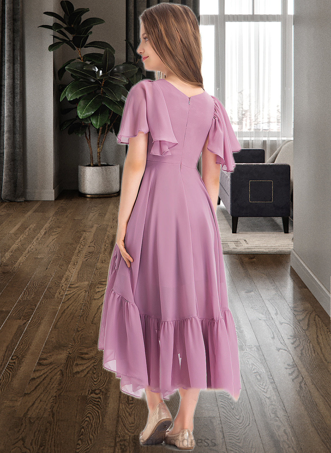 Fatima A-Line V-neck Asymmetrical Chiffon Junior Bridesmaid Dress With Cascading Ruffles SRSP0013342