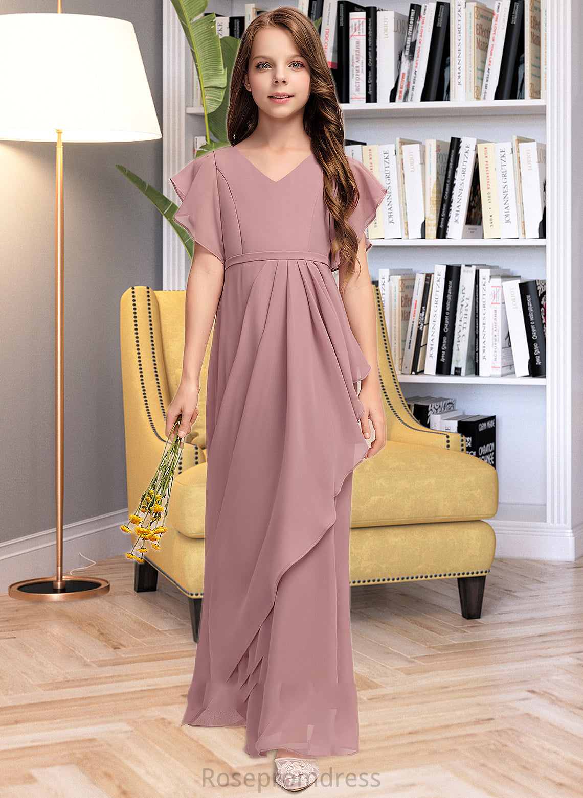 Presley A-Line V-neck Floor-Length Chiffon Junior Bridesmaid Dress With Cascading Ruffles SRSP0013343