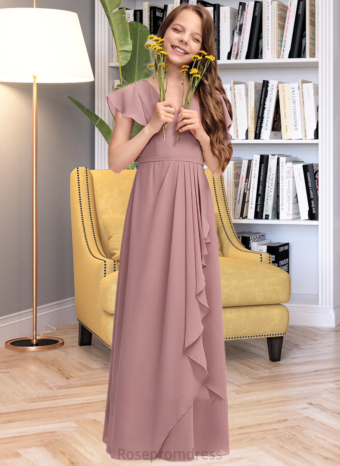 Presley A-Line V-neck Floor-Length Chiffon Junior Bridesmaid Dress With Cascading Ruffles SRSP0013343