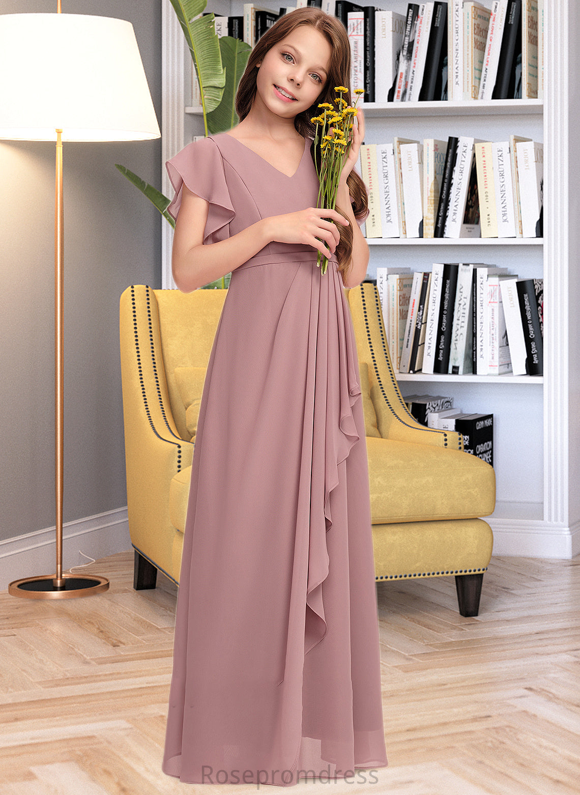 Presley A-Line V-neck Floor-Length Chiffon Junior Bridesmaid Dress With Cascading Ruffles SRSP0013343