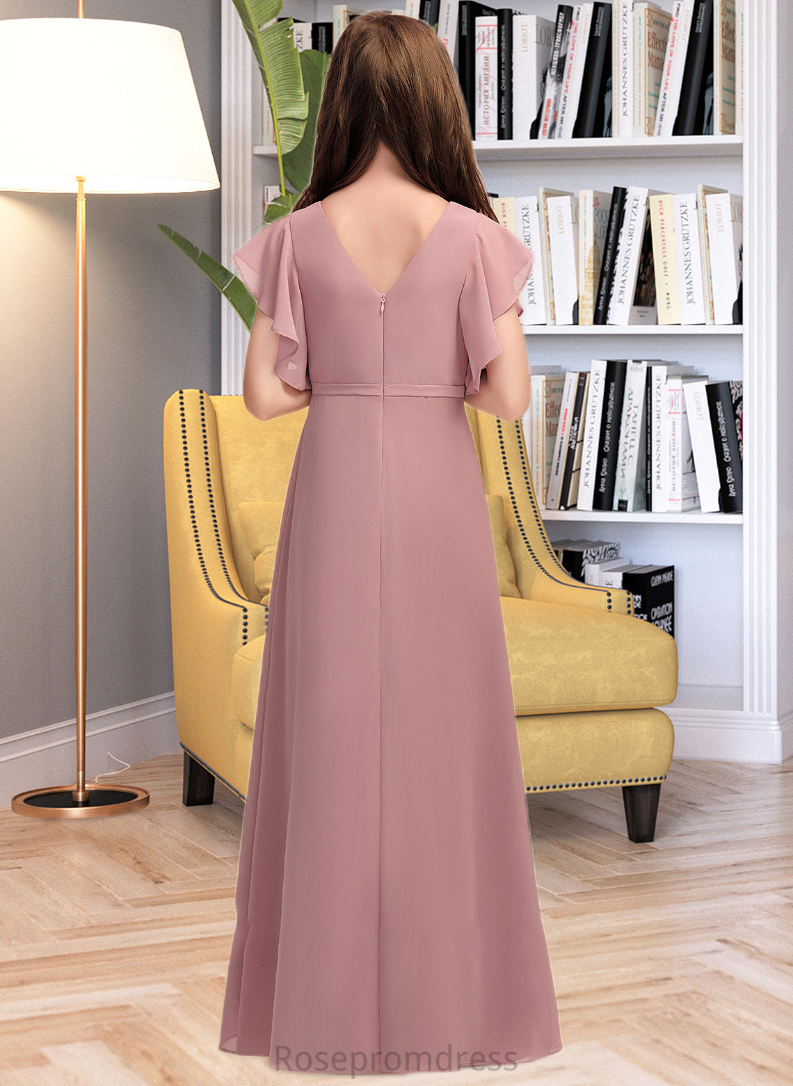 Presley A-Line V-neck Floor-Length Chiffon Junior Bridesmaid Dress With Cascading Ruffles SRSP0013343