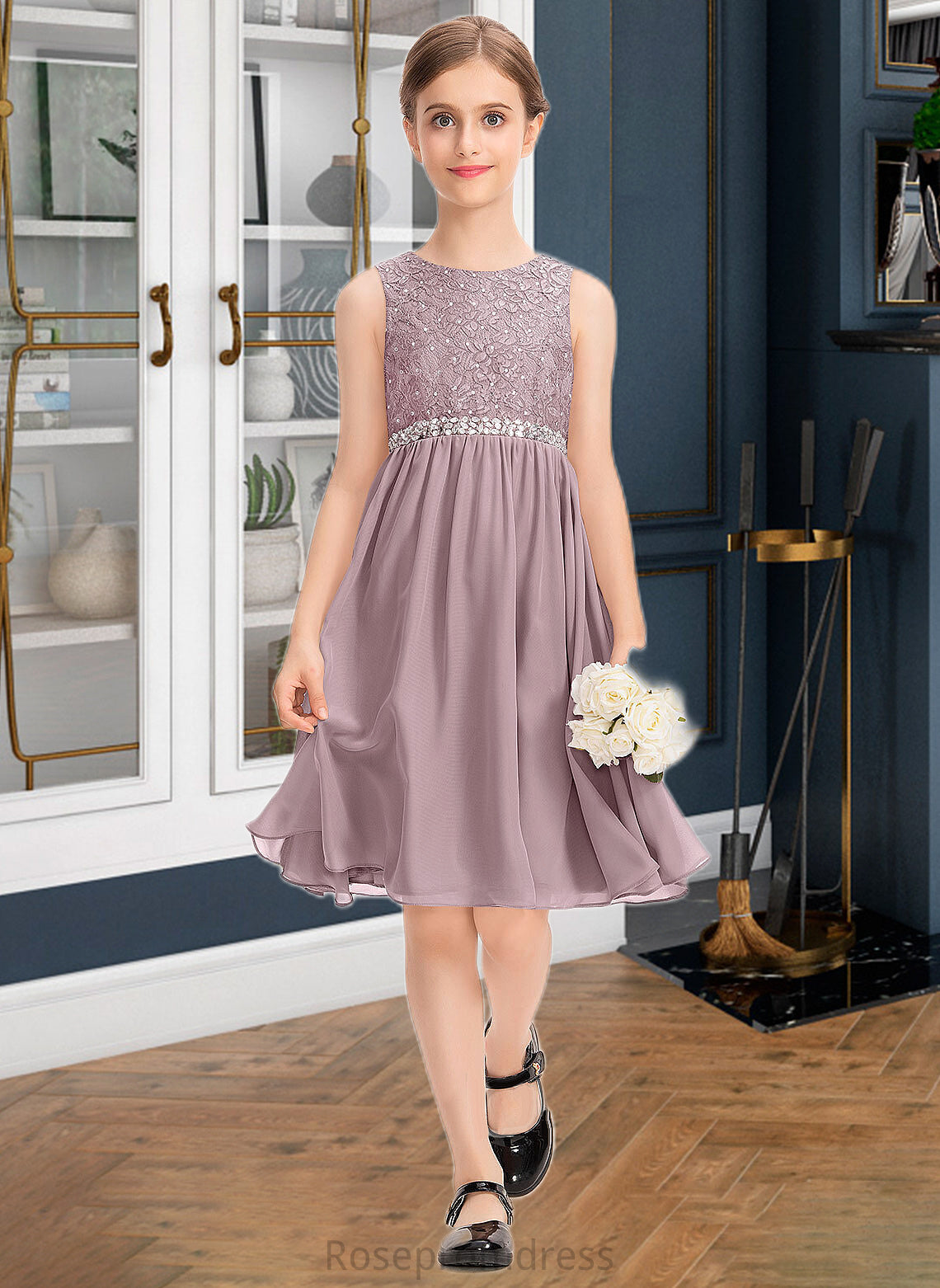 Glenda A-Line Scoop Neck Knee-Length Chiffon Lace Junior Bridesmaid Dress With Beading Bow(s) SRSP0013344