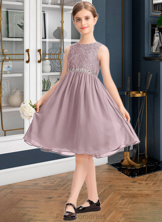Glenda A-Line Scoop Neck Knee-Length Chiffon Lace Junior Bridesmaid Dress With Beading Bow(s) SRSP0013344