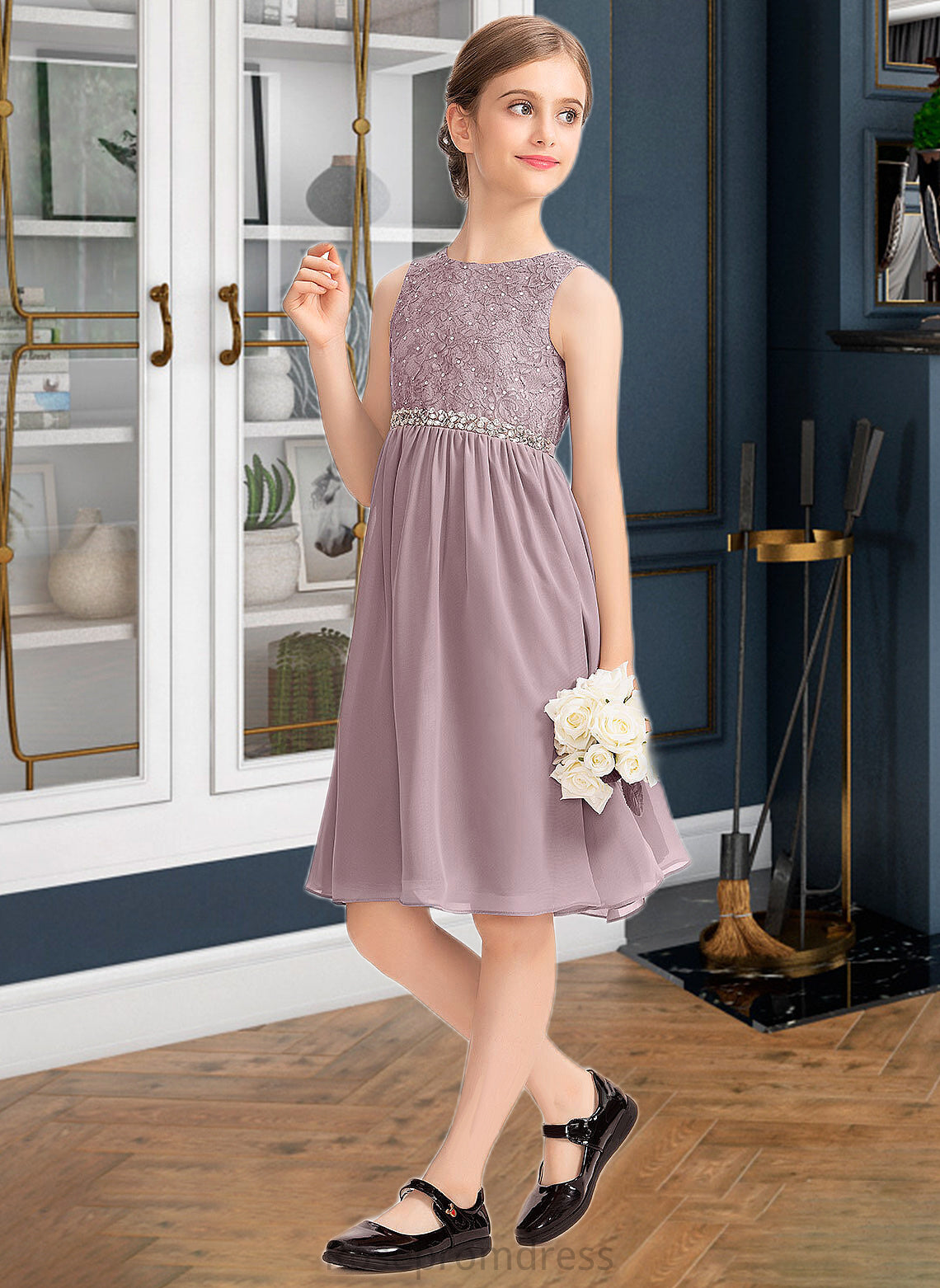 Glenda A-Line Scoop Neck Knee-Length Chiffon Lace Junior Bridesmaid Dress With Beading Bow(s) SRSP0013344