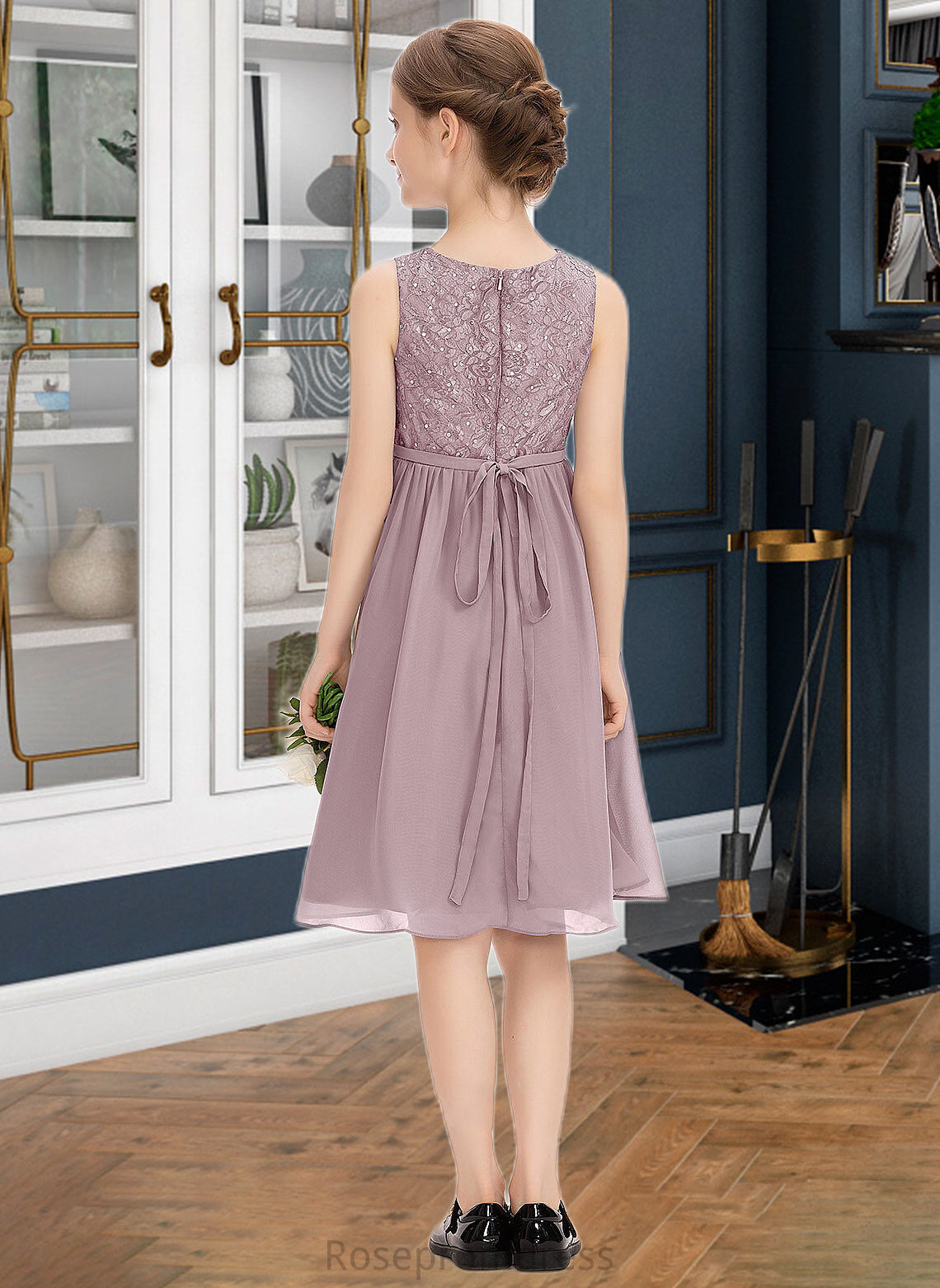 Glenda A-Line Scoop Neck Knee-Length Chiffon Lace Junior Bridesmaid Dress With Beading Bow(s) SRSP0013344